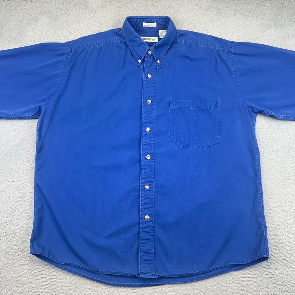 Steeple‎ Chase Button Up Shirt Mens Large Blue Cotton Short Sleeve Heavyweight